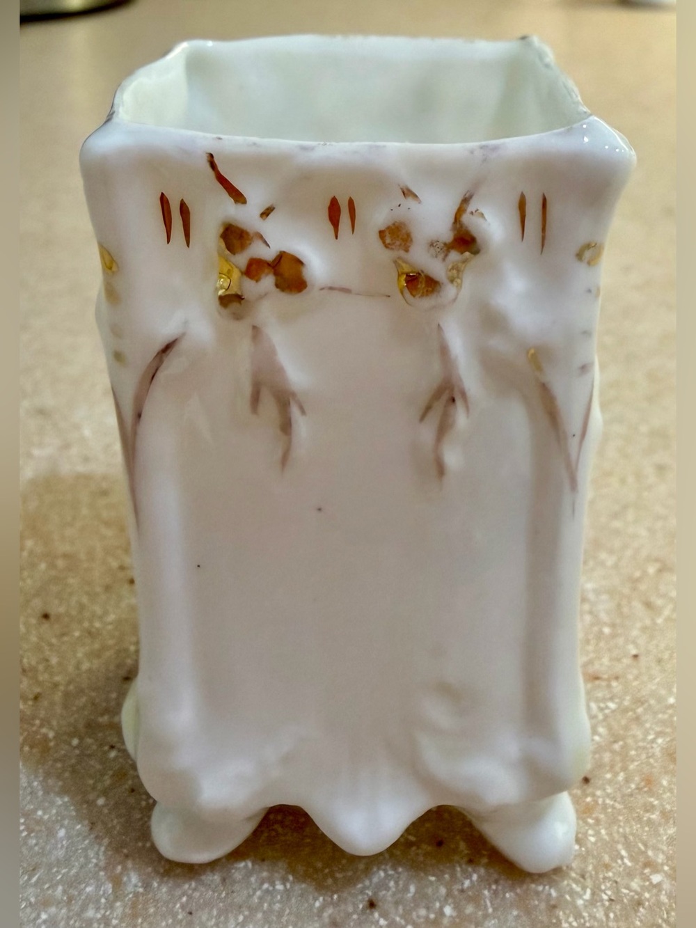 Antique Porcelain Toothpick Holder 4 Footed Square Embossed White Gold Gilding